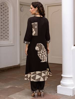 Black printed viscose rayon kurta trouser set 2