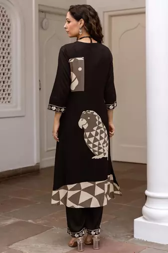 Black printed viscose rayon kurta trouser set