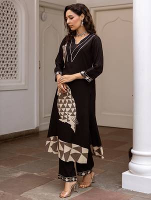 Black printed viscose rayon kurta trouser set 3