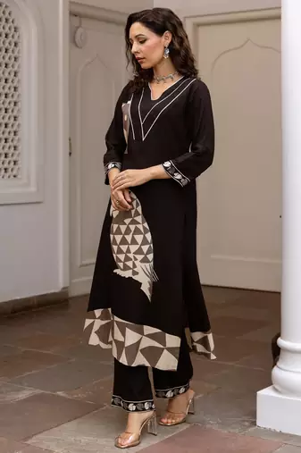 Black printed viscose rayon kurta trouser set