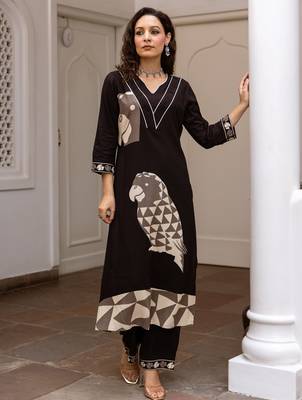 Black printed viscose rayon kurta trouser set 4