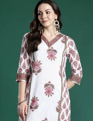 White printed pure cotton kurta trouser set 1
