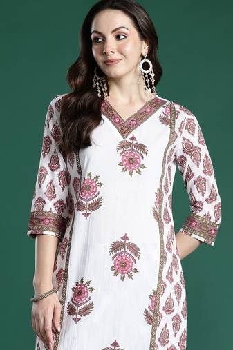 White printed pure cotton kurta trouser set