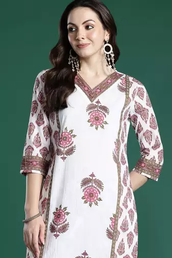 White printed pure cotton kurta trouser set
