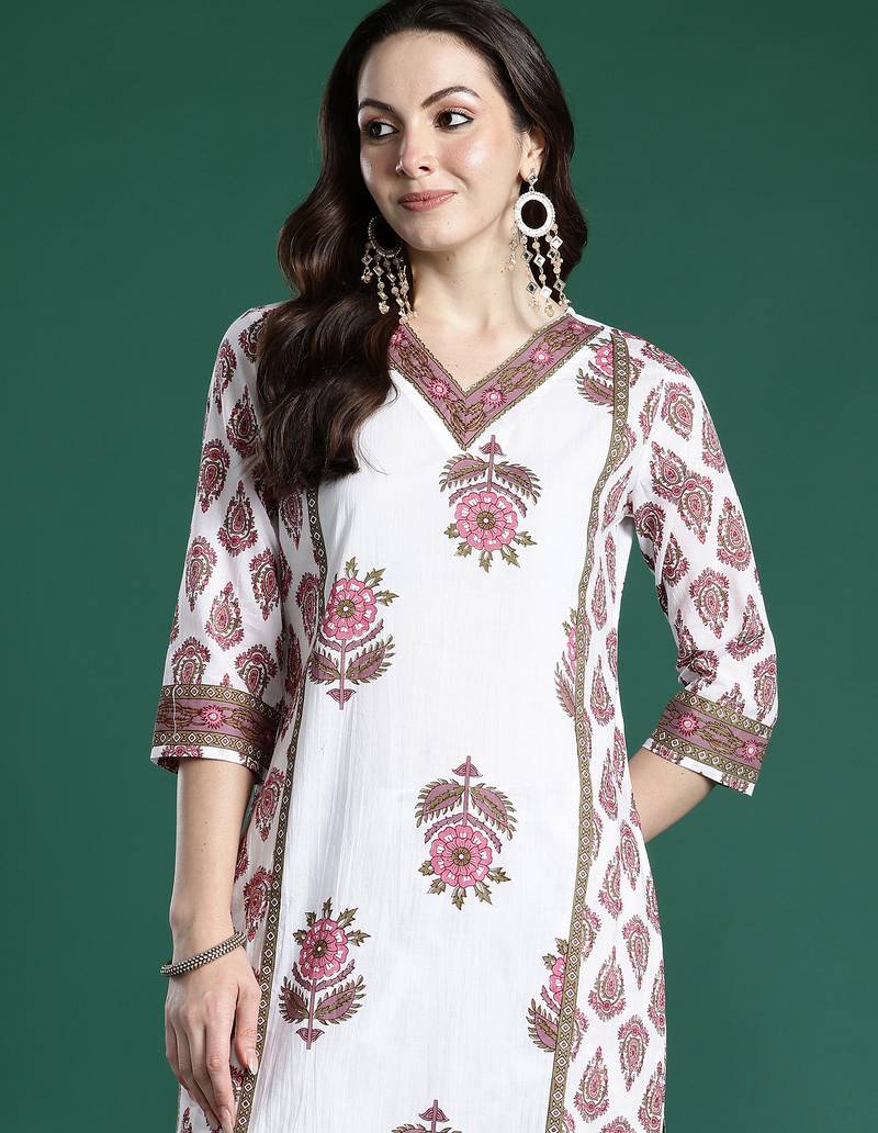 White printed pure cotton kurta trouser set