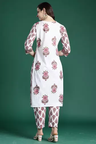White printed pure cotton kurta trouser set