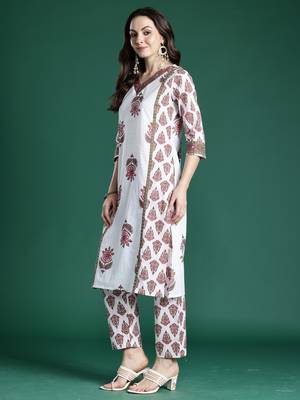 White printed pure cotton kurta trouser set 3