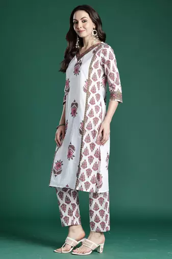 White printed pure cotton kurta trouser set