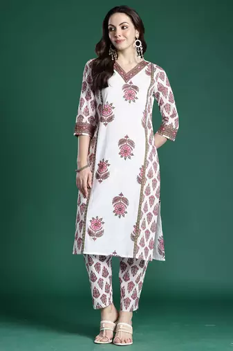 White printed pure cotton kurta trouser set
