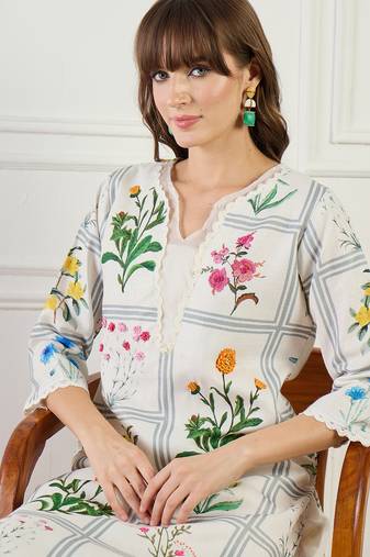 Off white embroidered linen kurta trouser set