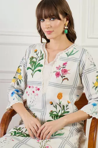 Off white embroidered linen kurta trouser set