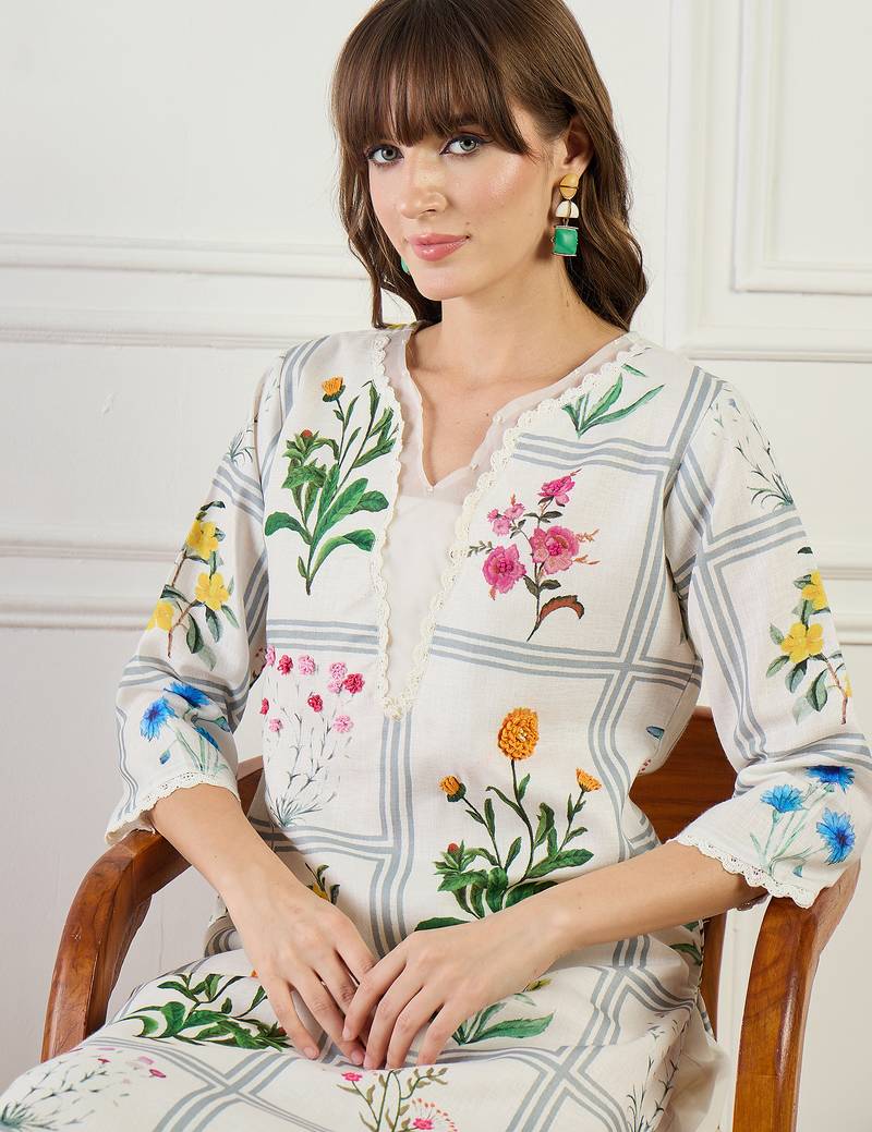Off white embroidered linen kurta trouser set
