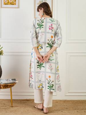 Off white embroidered linen kurta trouser set 2