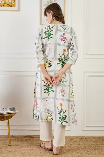 Off white embroidered linen kurta trouser set