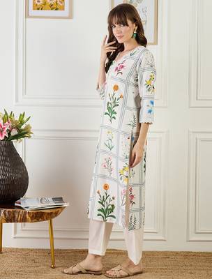 Off white embroidered linen kurta trouser set 3