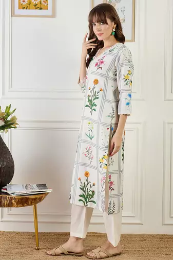 Off white embroidered linen kurta trouser set