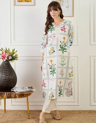 Off white embroidered linen kurta trouser set 4