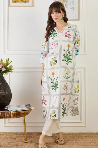 Off white embroidered linen kurta trouser set