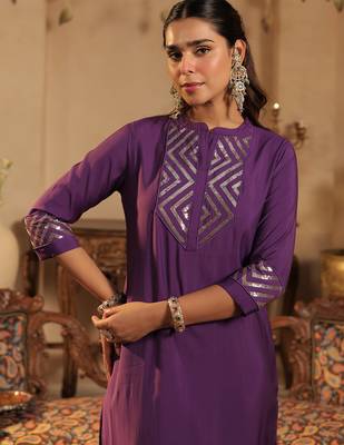 Purple embroidered silk kurta trouser set 1