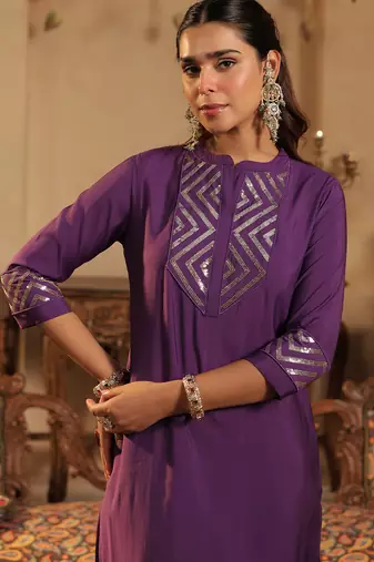 Purple embroidered silk kurta trouser set