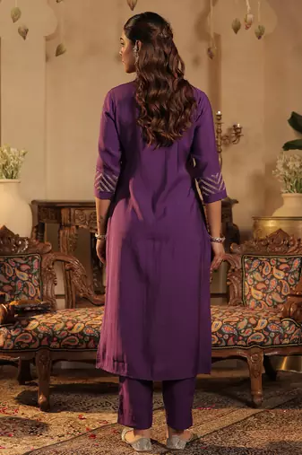 Purple embroidered silk kurta trouser set