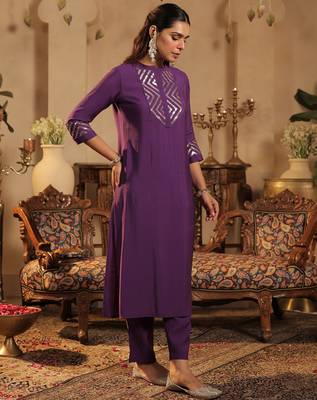 Purple embroidered silk kurta trouser set 3