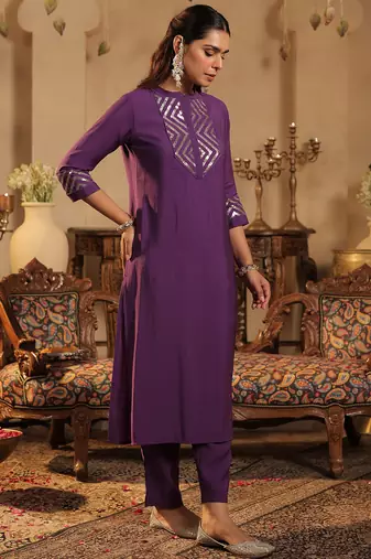 Purple embroidered silk kurta trouser set