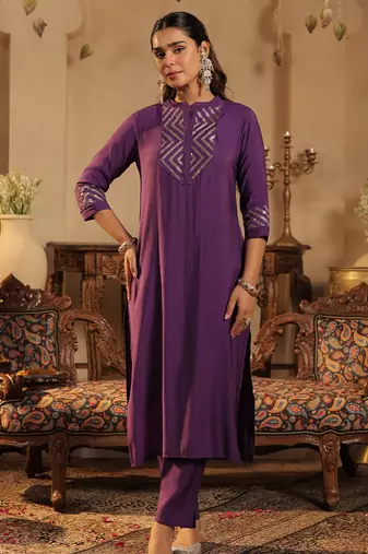 Purple embroidered silk kurta trouser set