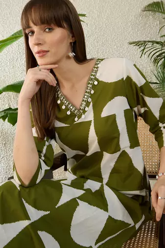Green printed pure cotton kurta trouser set