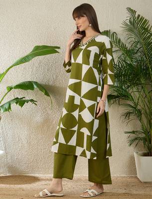 Green printed pure cotton kurta trouser set 3