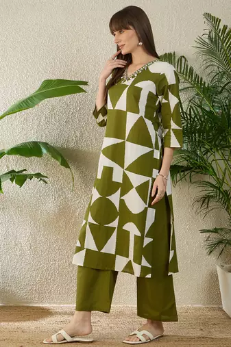 Green printed pure cotton kurta trouser set