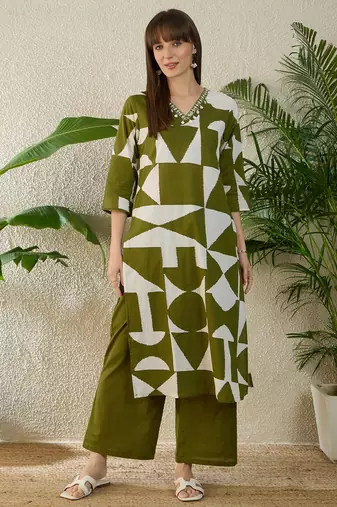 Green printed pure cotton kurta trouser set