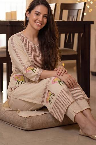 Beige embroidered pure cotton kurta trouser set