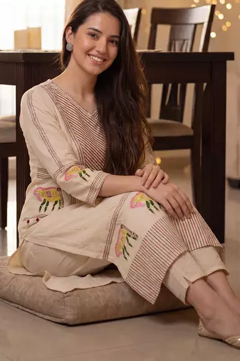 Beige embroidered pure cotton kurta trouser set