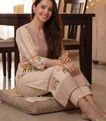 Beige embroidered pure cotton kurta trouser set