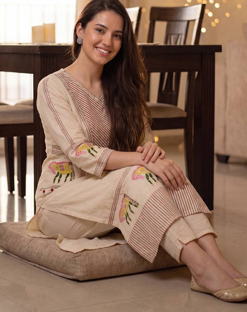 Beige embroidered pure cotton kurta trouser set