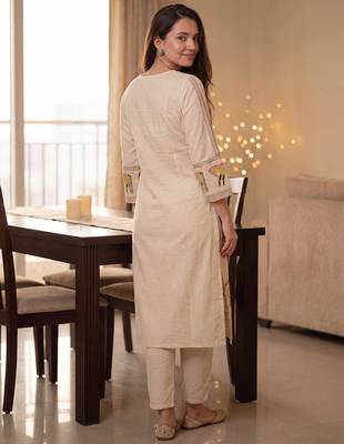Beige embroidered pure cotton kurta trouser set 2