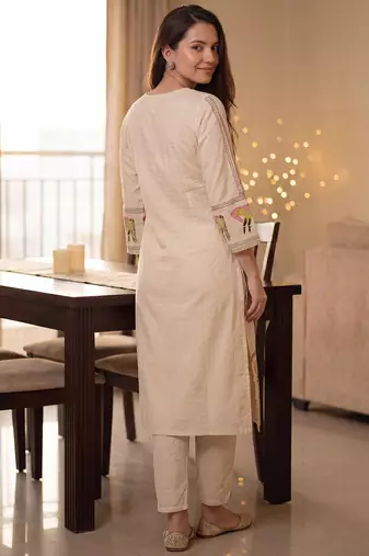 Beige embroidered pure cotton kurta trouser set