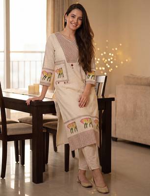 Beige embroidered pure cotton kurta trouser set 3