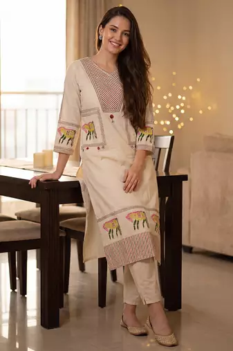 Beige embroidered pure cotton kurta trouser set