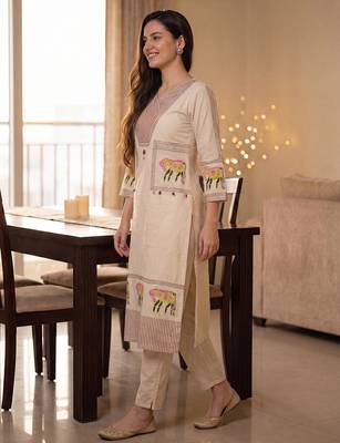 Beige embroidered pure cotton kurta trouser set 4