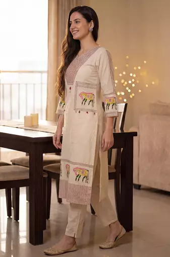 Beige embroidered pure cotton kurta trouser set