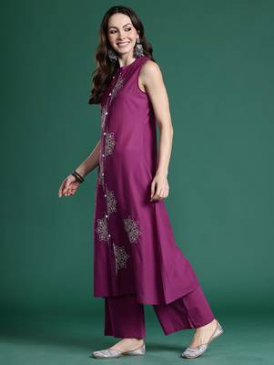 Purple embroidered pure cotton kurta trouser set 3