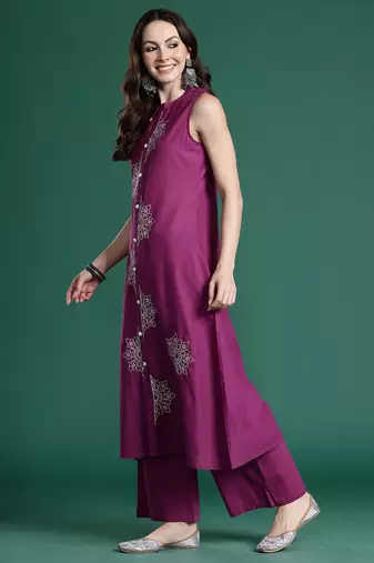 Purple embroidered pure cotton kurta trouser set