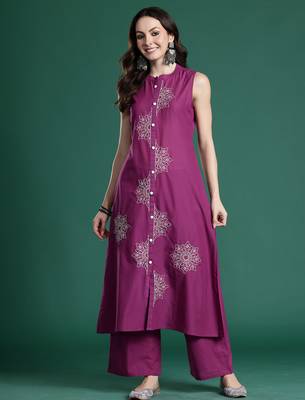 Purple embroidered pure cotton kurta trouser set 4