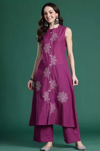 Purple embroidered pure cotton kurta trouser set