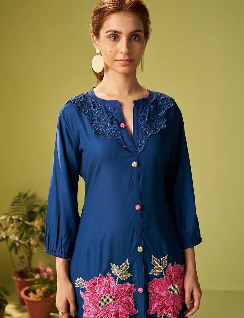 Blue embroidered viscose rayon kurta trouser set