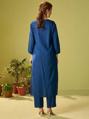Blue embroidered viscose rayon kurta trouser set 2