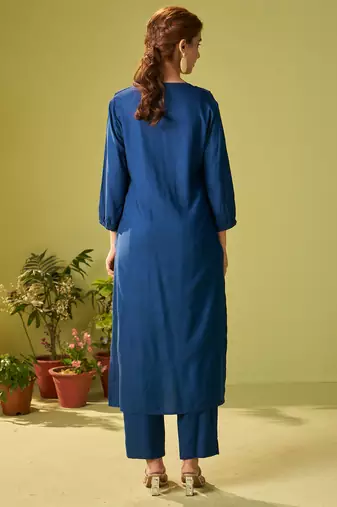 Blue embroidered viscose rayon kurta trouser set