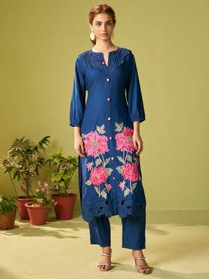 Blue embroidered viscose rayon kurta trouser set 3